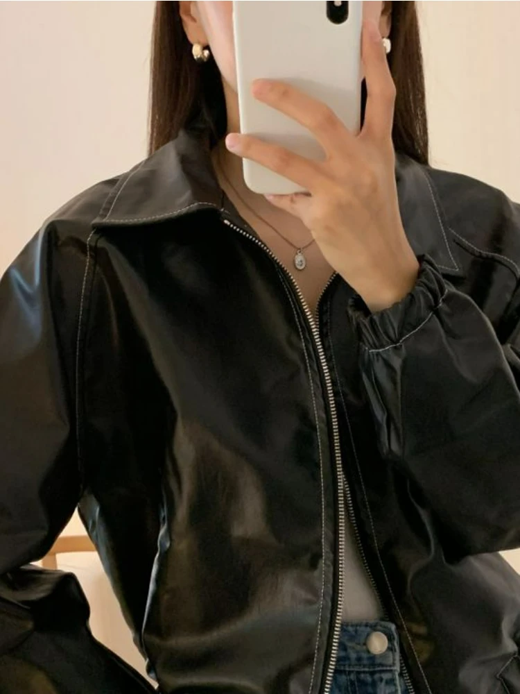 Cropped Moto Biker Zipper Leather Jackes Women 2022 Winter Black Loose Korean Fashion Jackets Ladies Outerwear Vintage Chic Coat