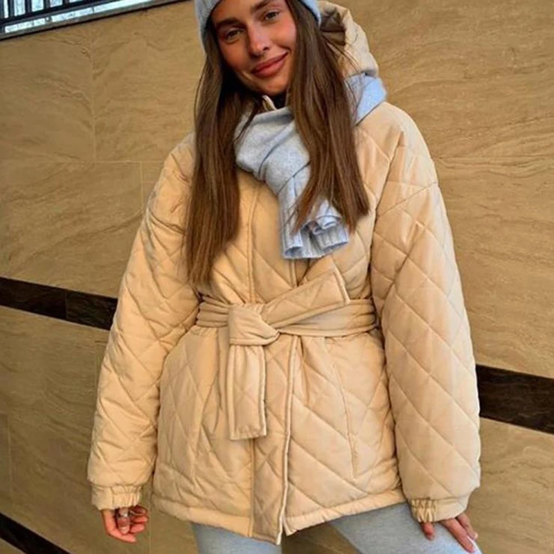 Casual Loose Arygle Hooded Parkas Women Fashion Solid Thick Short Coats Women Elegant Tie Belt Cotton Jackets Female Ladies