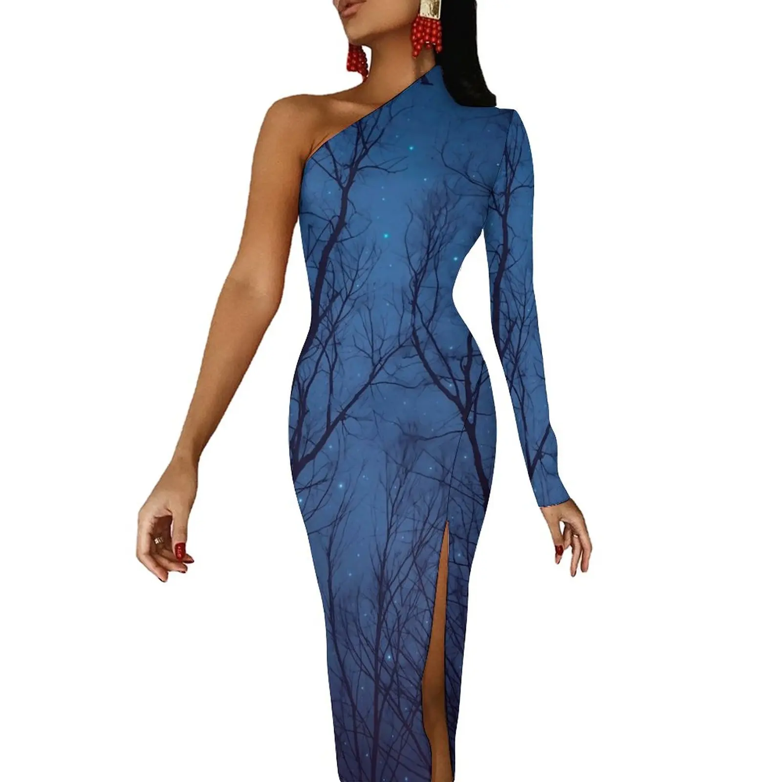 

Forest Print Bodycon Dress Spring Loved The Stars Club Side Split Long Dresses Long Sleeve Printed Party Dress