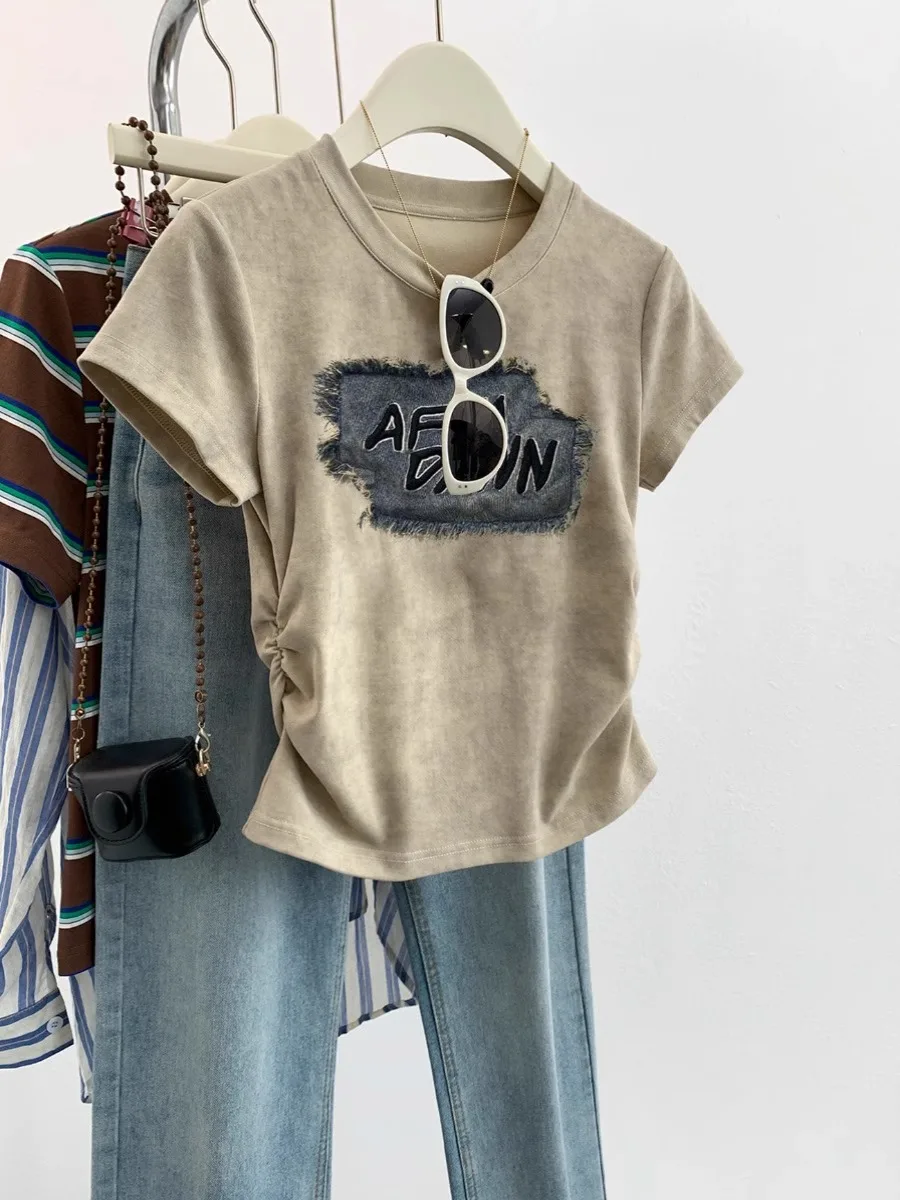 American vintage round Neck Short sleeve T-shirt Women 2024 Summer New Pure Desire Sle Gyaru Chic Small Top Ins