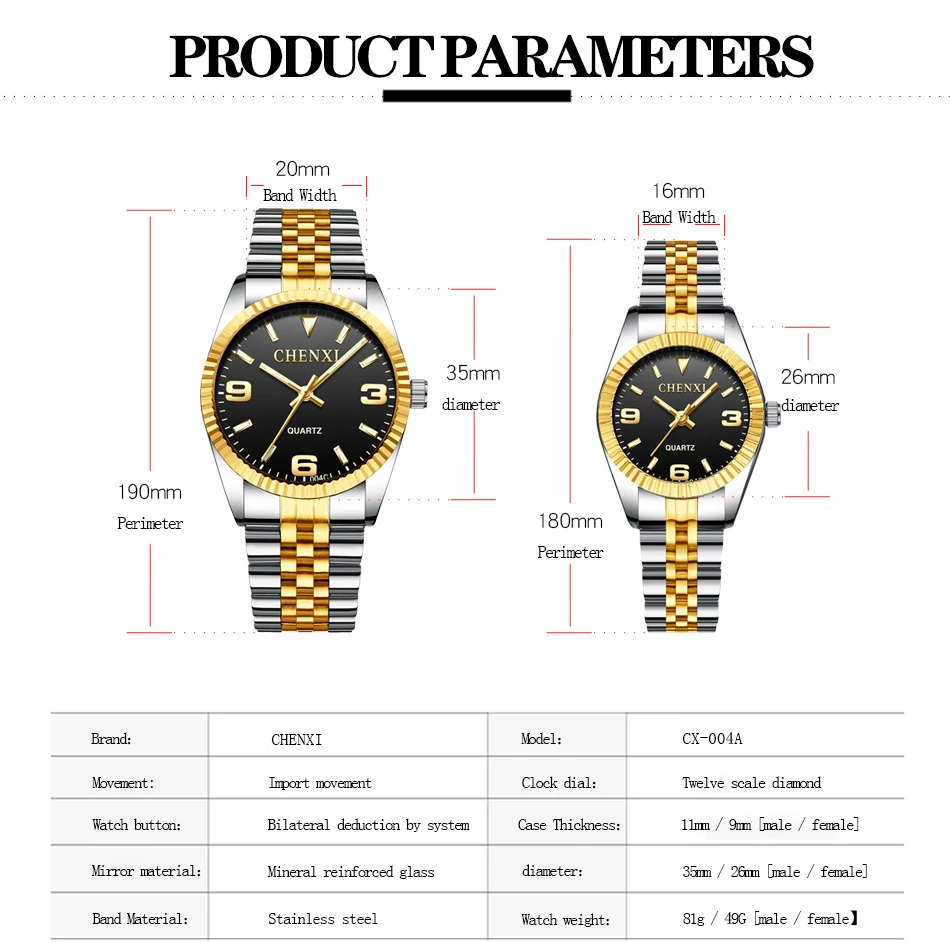 CHENXI 004C Top Brand Fashion Waterproof Business Couple Mens Women Luxury Wrist Luminous Stainless Steel Ladies Quartz Watch