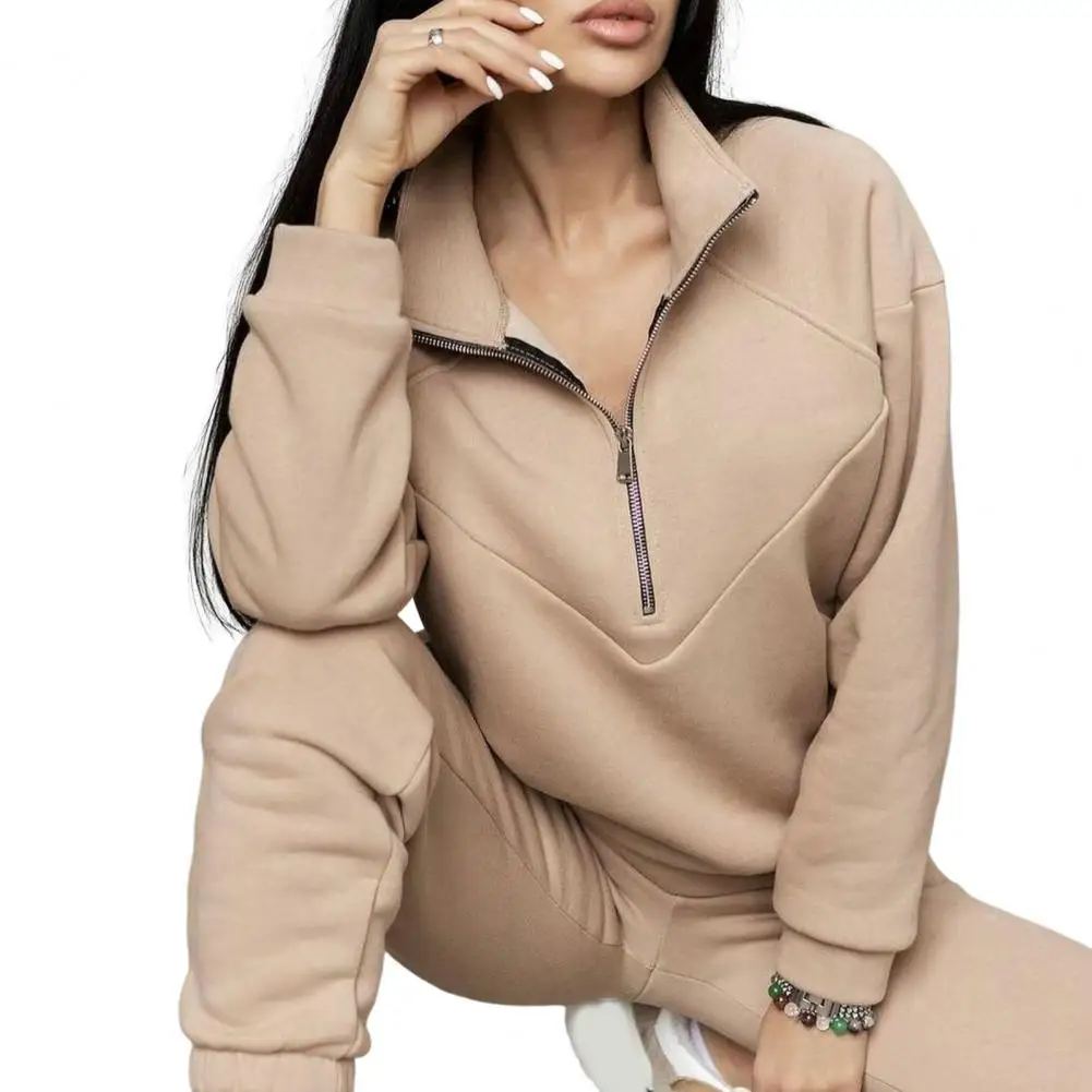 

Women Fleece Two Piece Set Casual Polo Zipper Sweatshirts Trouser Tracksuits Female Sports Warm Suits спортивный костюм женск