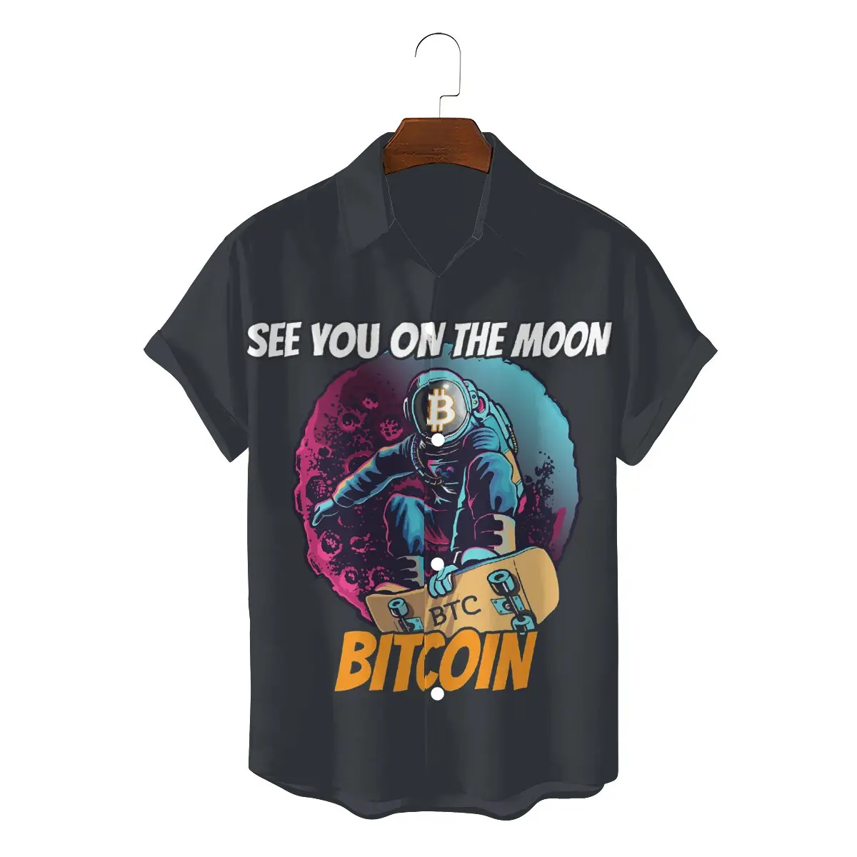 

See You on the Moon 2022 Man's Novelty Hawaii Shirts Bitcoin Cryptocurrency Miners Meme Square Neck Short Sleeve 3D Shirt