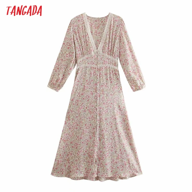 

Tangada 2021 Women Lace Patchwork Flowers Print French Style Dress Puff Short Sleeve Ladies Dress 3H784