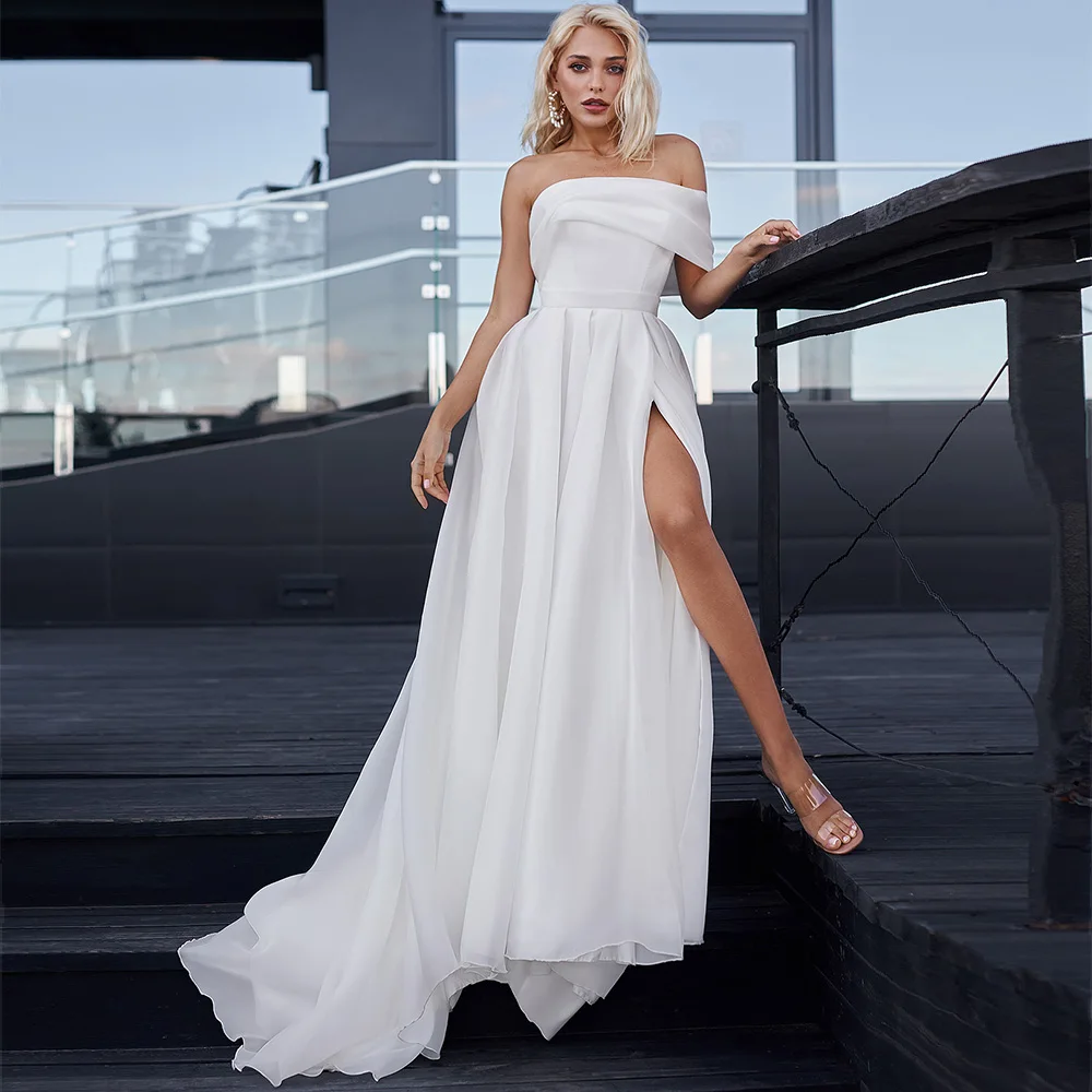 

Beach Wedding Dress 2022 Sheath/Column Sweep Train Zipper-up Simple Wedding Gowns Pleat Draped High Slit Sexy Bridal Dresses