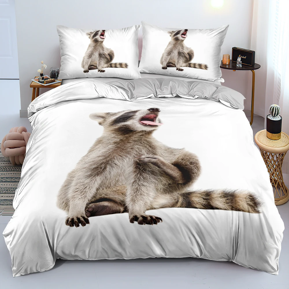 

3D Quality White Duvet Cover Set Cute Animal Raccoon Comforter Cover Set Pillow Shams Queen King Single Twin Full Sizes For Kids