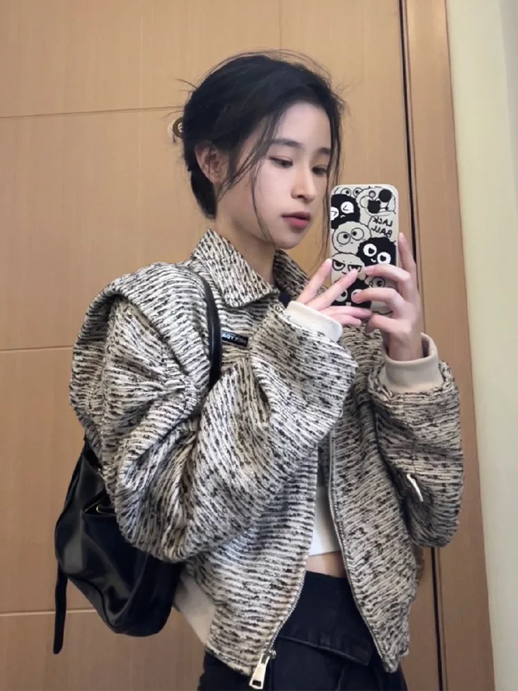 

Korean Cropped Women Jacket Turndown Collar Zipper Casual Outwear 2023 Ropa Mujer Casual Fashion Vintage Coat Tops Female 27m245
