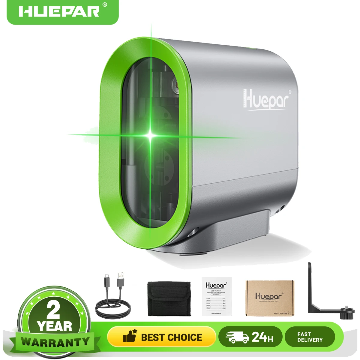 2-линейный самовыравнивающийся лазерный уровень Huepar зеленый/красный луч