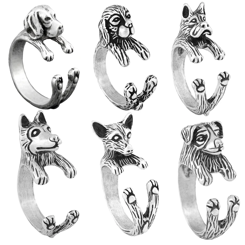 Vintage Hippie ทองเหลือง Knuckle น่ารัก Beagle & Husky & นักมวย Anel แหวน Boho สุนัขน่ารัก Anillos สัตว์แหวน Bague femme ผู้ชายเครื่องปร...