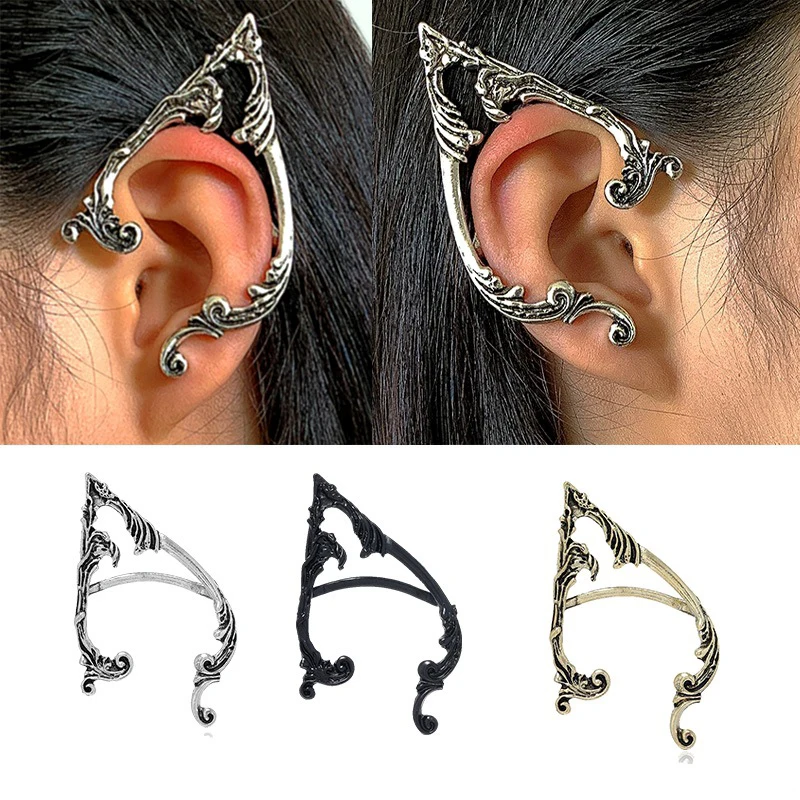 

Gothic Punk Elf Ear Cuff Earrings For Women Clip No Piercing Earrings Antique Silver Color Steampunk Goth Earcuff Jewelry Gift