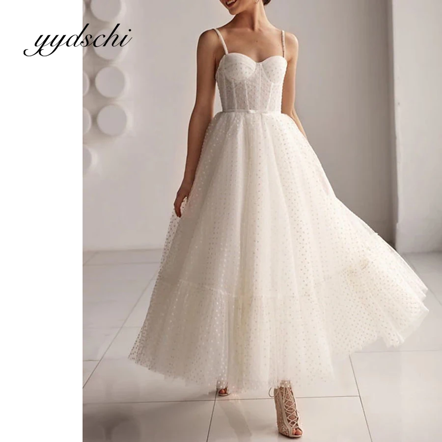 

Bridal A-Line Wedding Dress Sweetheart Neckline Spaghetti Strap Lace Ankle Length Chapel Tulle Sleeveless Simple Beach Dresses