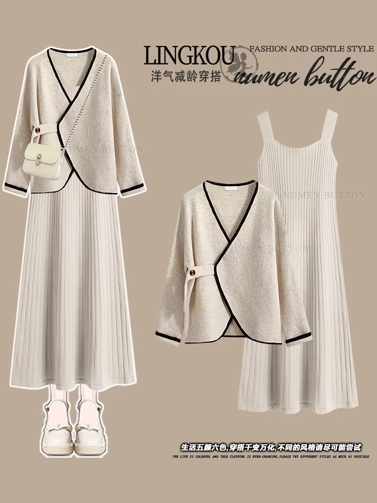 Plus size Autumn Sweet Design Diagonal Buckle Knit Korean Series Slimming Temperament One-piece Dress set Women Two-piece Set