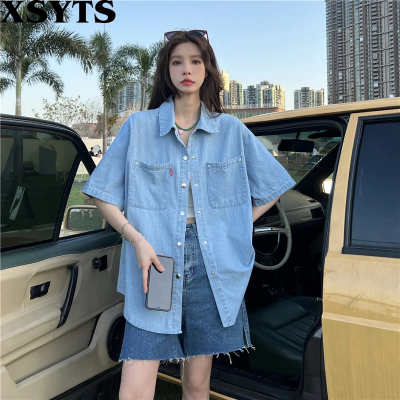 

Denim Shirt Women Summer New 2022 Hong Kong Style Retro Loose Design Short Sleeved Blue Denim Tops Korean Fashion Blouse Shirts