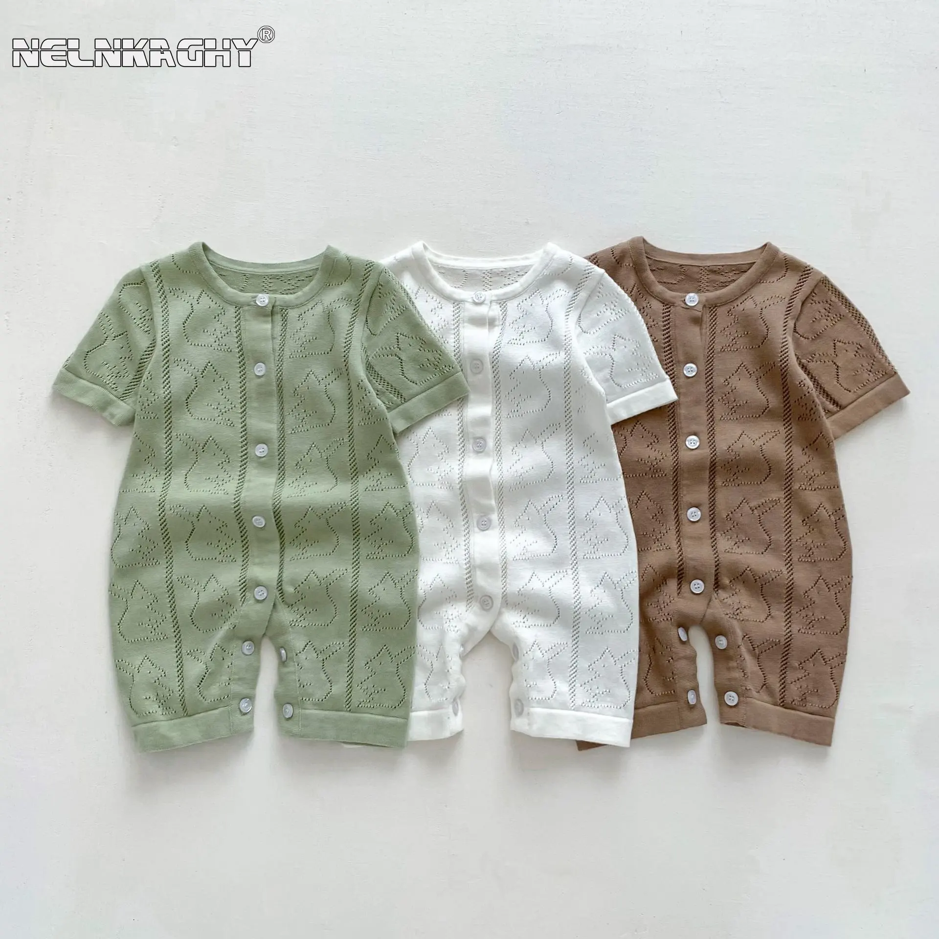 Summer Newborn Infant Girls Boys Short Sleeve Hollow-out Bunny Knitted Air-conditioned Clothing Kids Baby cotton Pajamas Romper