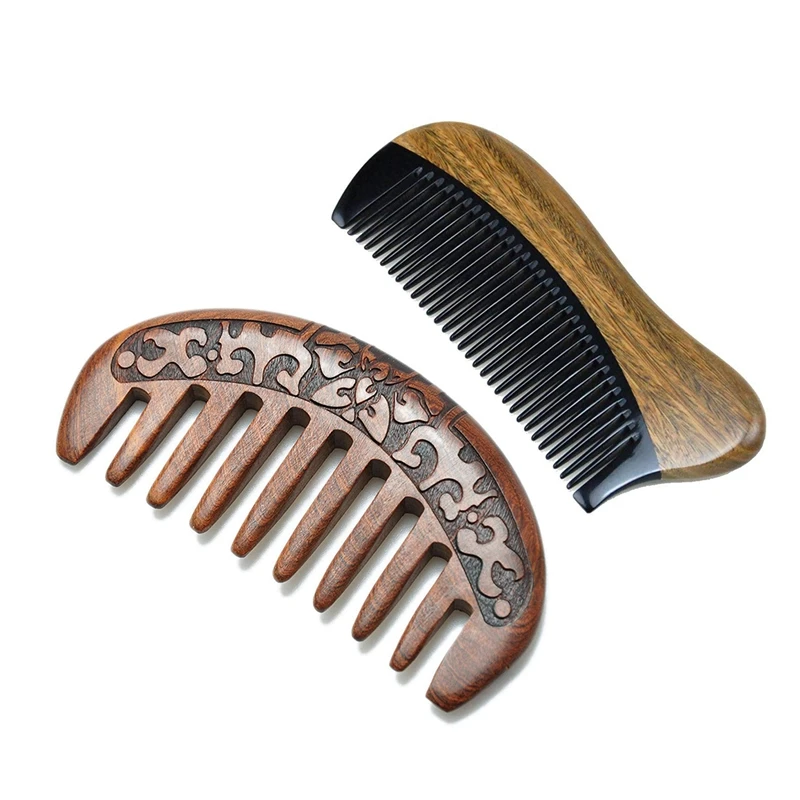 

2023 Φ-2 шт Антистатическая натуральная деревянная расческа для волос: 1 шт. тонкая деталь с черными зубьями и 1 шт.
