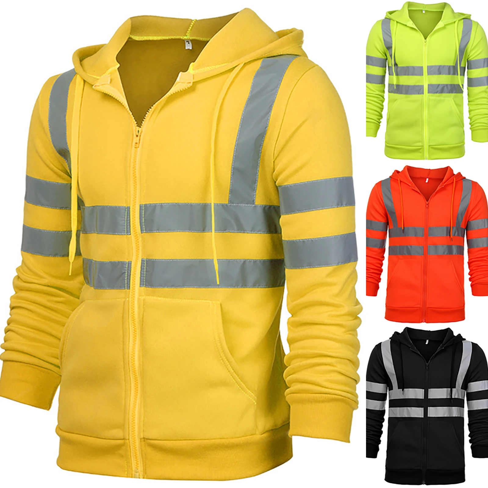 

2022 Men Stripe Patchwork Hooded Jacket Ski Hoodies Reflective Visibility Workwear Coat Color Block Work Wear