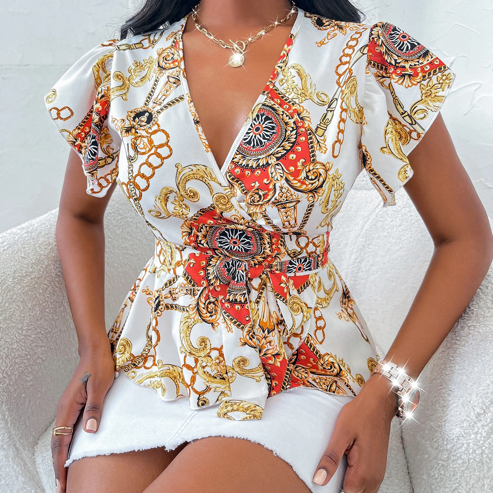 Women's 2022 summer new V-neck Ruffle fly sleeve printed chiffon shirt top sun dresses