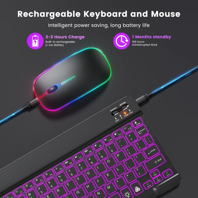 

Bluetooth Wireless Keyboard and Mouse Mini Spanish Keyboard with Ñ Rechargeable Rgb Backlit Keyboard Kit for Table Ipad Pro Mac