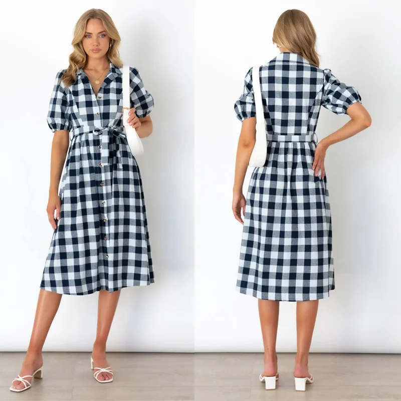 

Mandylandy Women Elegant Plaid Shirt Dress Fashion Female Y2K Short Sleeve Single Breasted Lace Up Midi Dress Streetwear