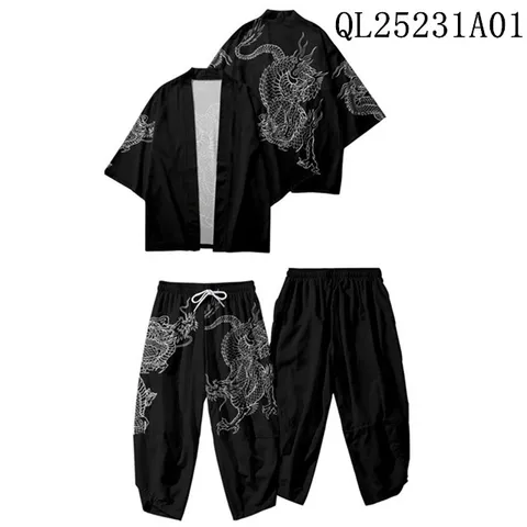 Традиционная японская одежда, кимоно с принтом дракона, штаны для мужчин, юката в стиле ретро, Азиатский модный костюм Тан в стиле Харадзюку, раньше