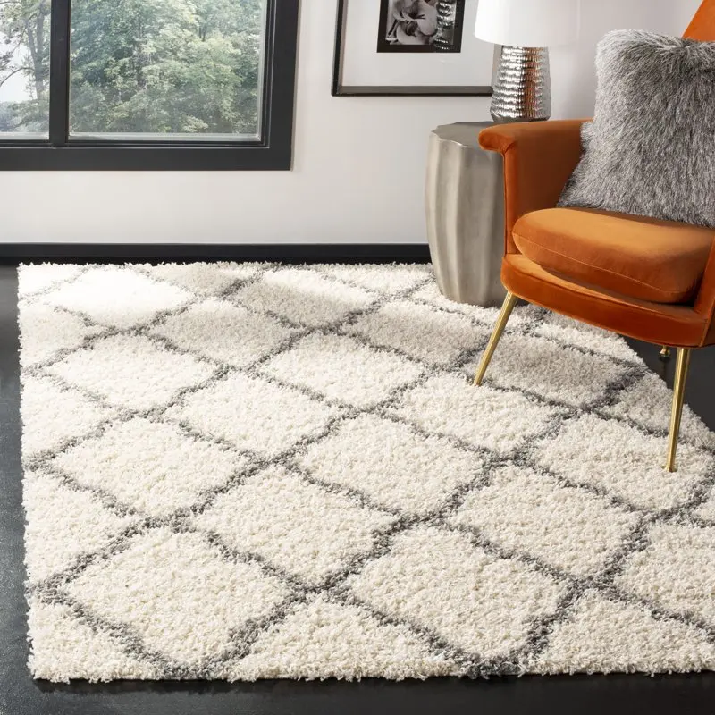 

Daley Geometric Plush Shag Area Rug, Ivory/Grey, 10` x 14`