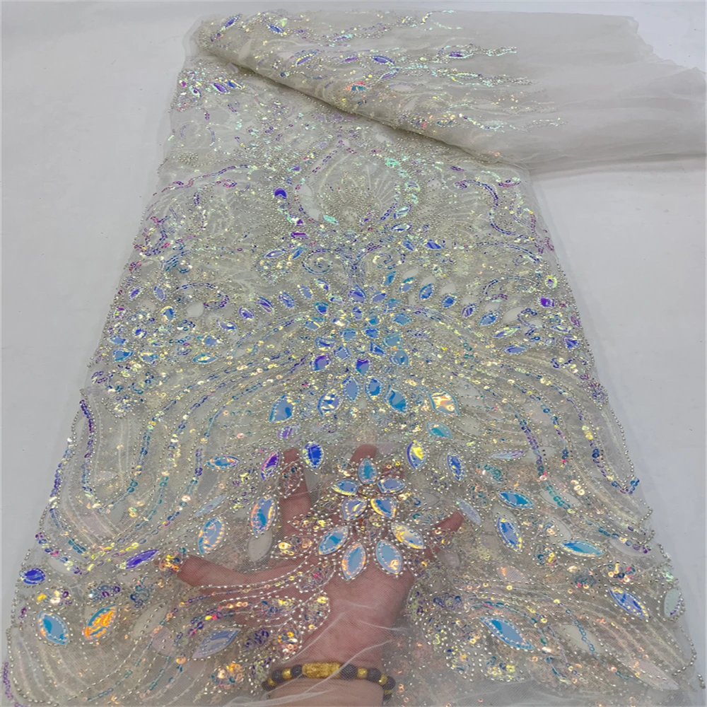 

French Heavy Beaded Sequins Lace Party Fabric African Nigerian Embroidery Mesh Lace Fabric For Wedding Dress RF-375