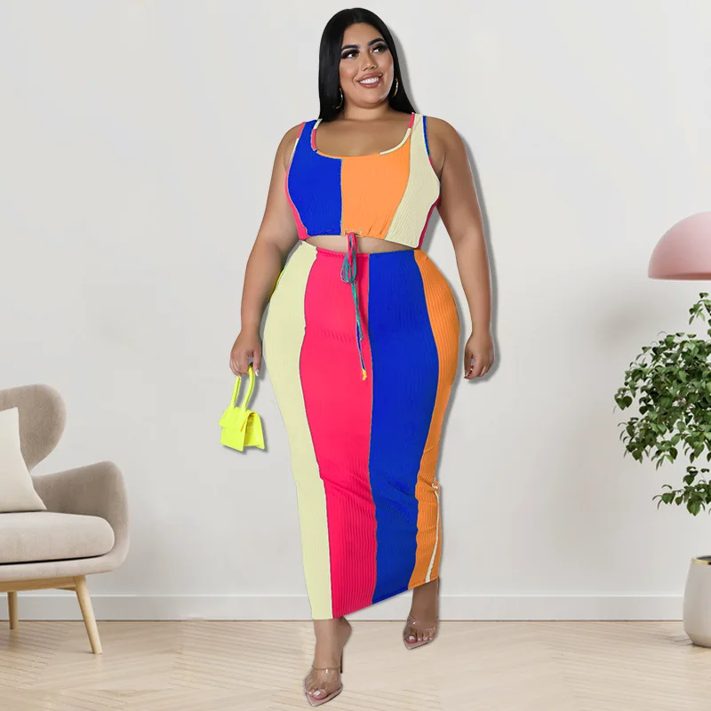 Plus Size Women 5xl Sets Ribbed Patchwork Bandage Tops And Dresses 2022 Summer Fashion Two Piece Set Lady Luxury Wholesale Cloth