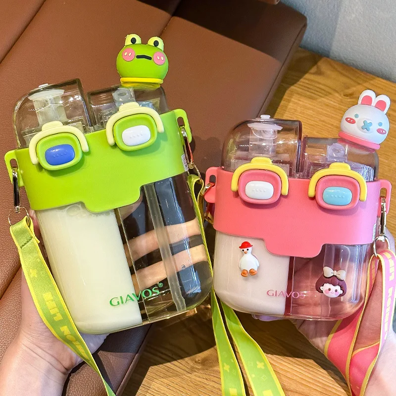 Rectangular Children's Anti Drop Split Warehouse Double Drink Cup High Beauty Summer Straw Cup Girl Cute Water Bottle
