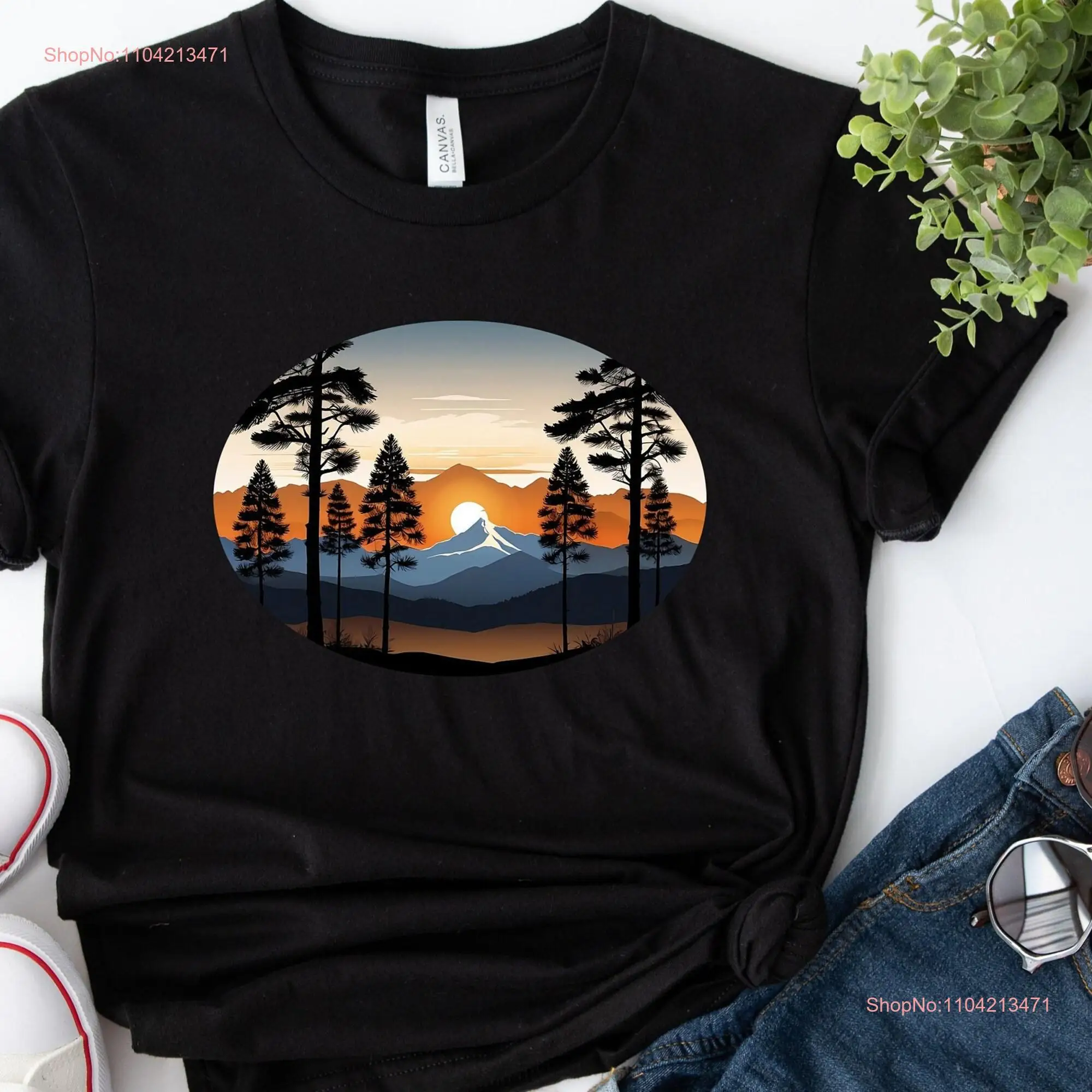 Горная футболка Pine Trees Sunset Sunrise Retro Mom с длинными или короткими рукавами