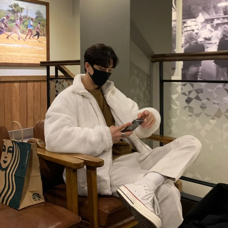 Winter Jacket Men Warm Fashion White Black Thickened Plush Jacket Men Streetwear Korean Loose Thick Short Coat Mens Parker M-2XL