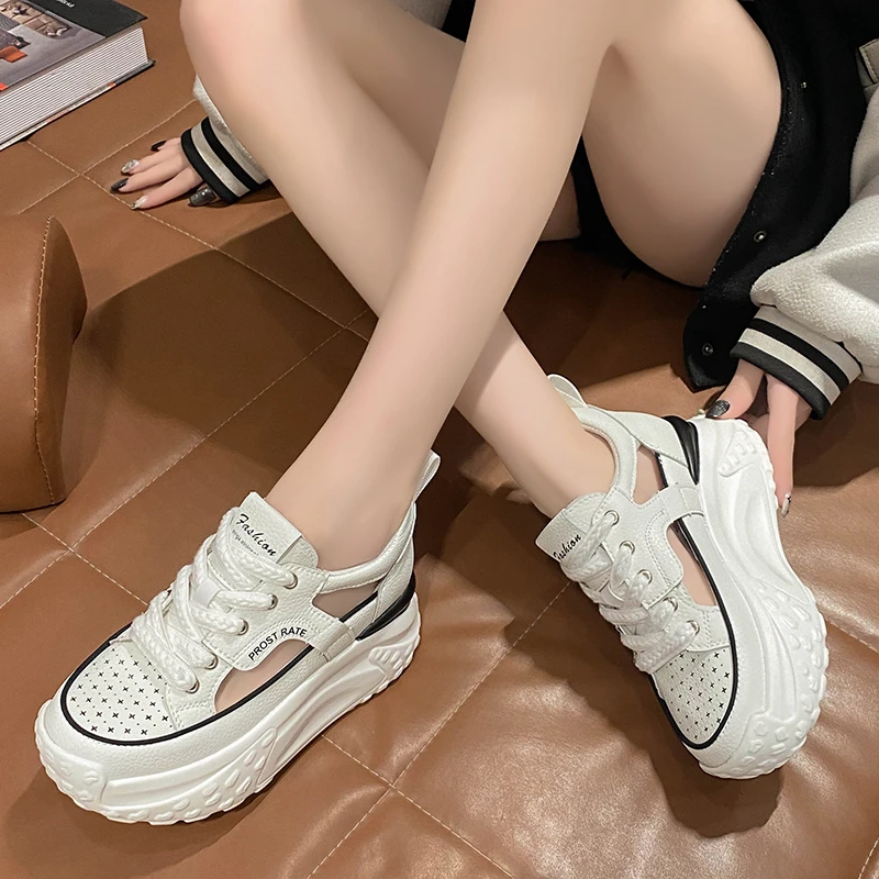 Women Lace-up Chunky Sneakers Platform Wedge Comfort Sports Shoes Fashion 6CM Leather Breathable New Summer Hollow Leisure Shoes