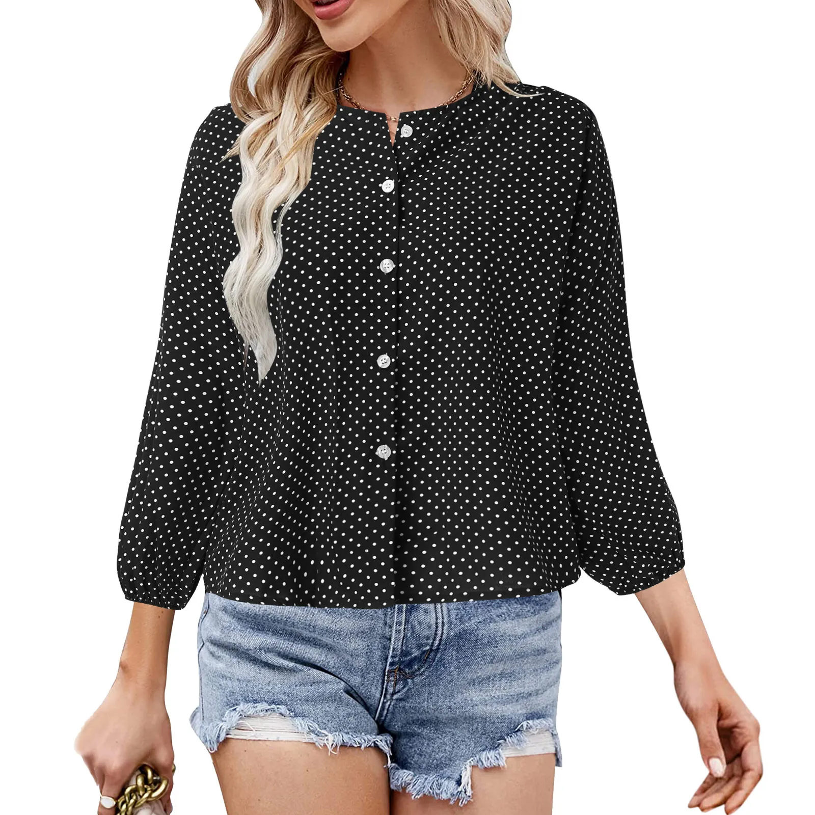 

Women Loose Button Blouses summer Polka Dot long Sleeve tops Shirt ladies vintage stand collar Pullover Retro camisas blusas