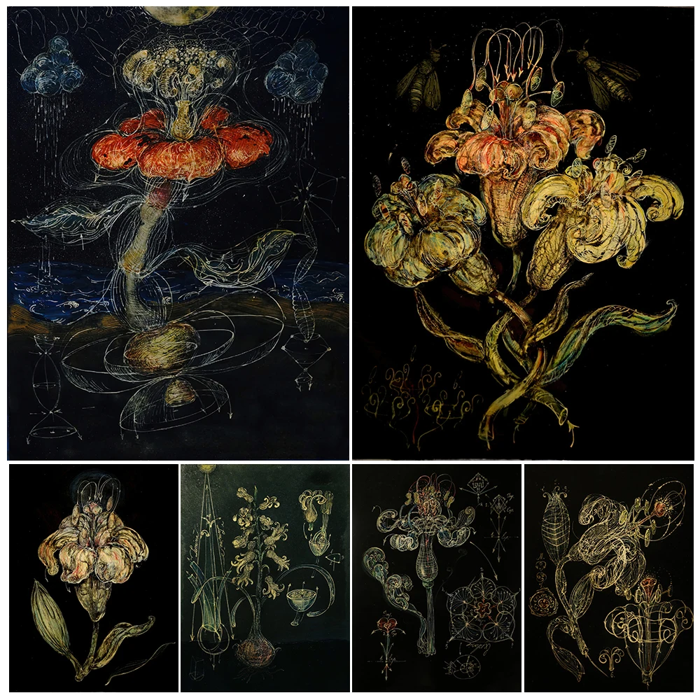 Таинственное темное цветочное растение настенная живопись на холсте пчелиный