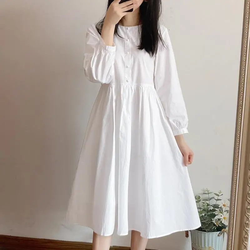 Japanese small loose white  medium and long  long-sleeved white womens clothing  harajuku dress  Regular  O-Neck  Summer