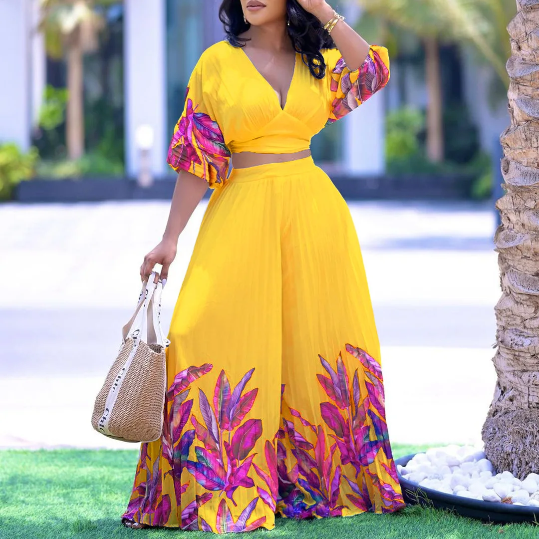 Plus Size Matching Sets Leaf Print V Neck Tops And Wide Leg Pants Female Luxury Fashion Cloth 2023 Summer Women Two Piece Sets