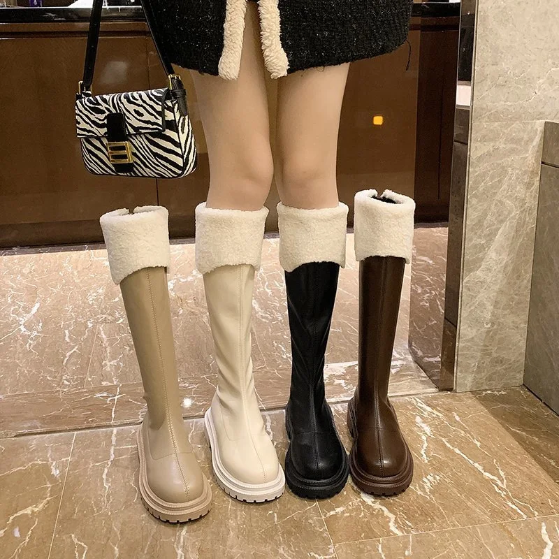 

Women Knight Boots Round Toe Women's Single Boots Plus Fleece Boots Women's Flat Toe Lamb Hair Cuffed Thick-soled High Boots