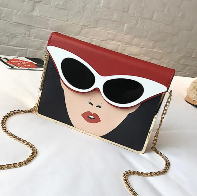Single shoulder slung small square bag PU fashion contrast color 3D three-dimensional beauty glasses pattern chain shoulder bag