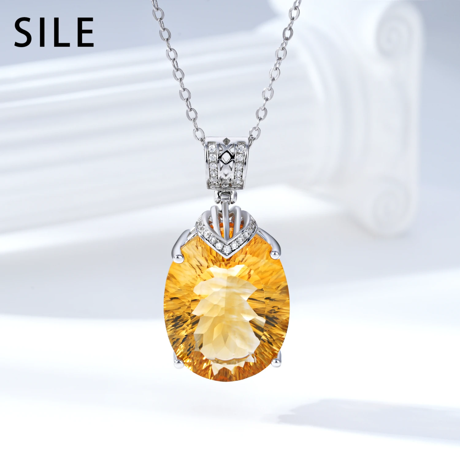 

SILE Natural Gemstone 18.2Ct Citrine Pendants Necklaces Women Luxury 100% 925 Sterling Silver Jewelry Wedding Party Dating Jewel