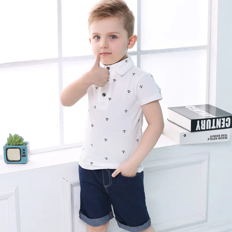 

Children's Suit Summer Boy's Short-sleeved Two-color Polo Shirt Denim Shorts Casual Suit Kids Clothes