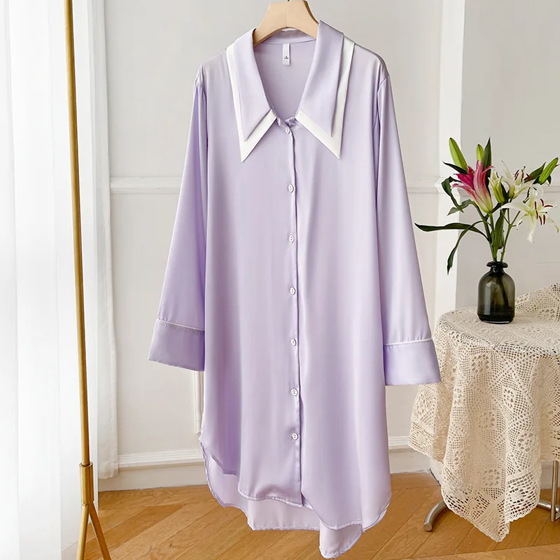 

Women Purple Casual Sleepshirts Sexy Cardigan Notched Collar Nightdress Knee-Length Nightgown Summer Underwear M-XL Home Skirts