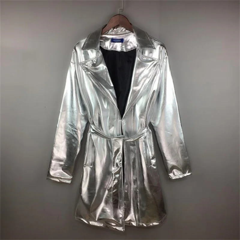 Spring mid-length coat men's trench coats stage nightclub style gold and silver shiny slim waist chaquetas hombre fashion street
