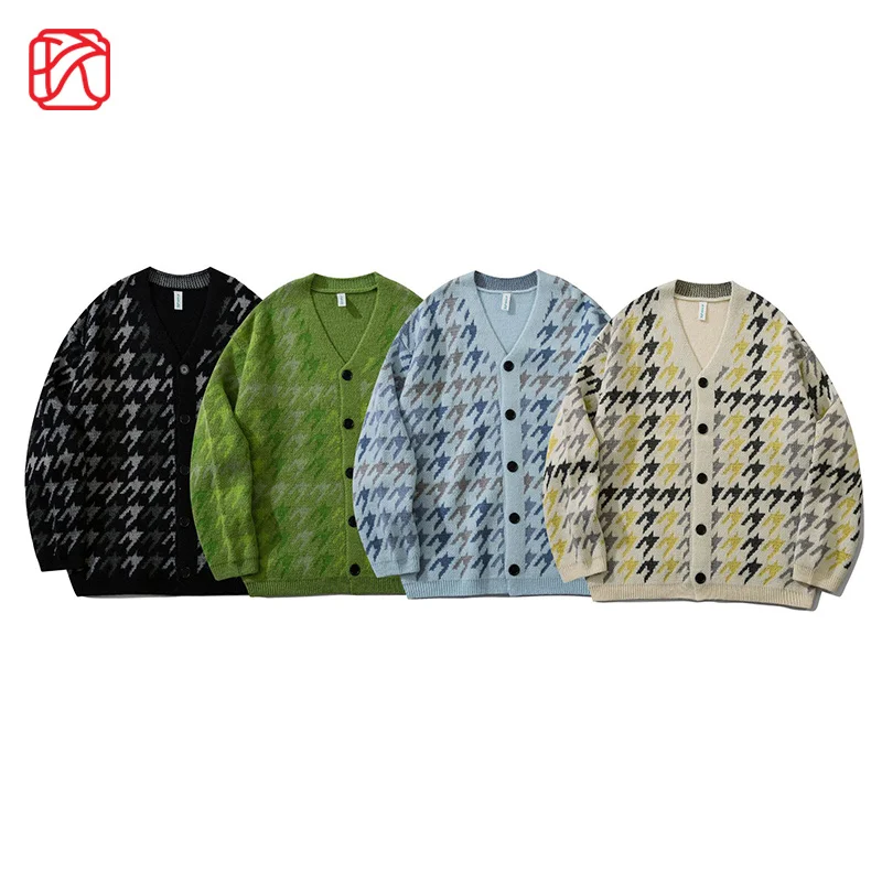

Houndstooth Men's Cardigan Sweater High Street Autumn Winter New Loose Knitted Sweater Men Long-sleeve Casual Fashion Men Jacket