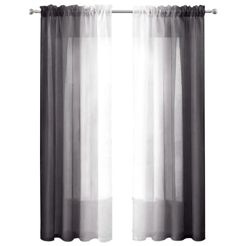 

LICG Black Shadow Sheer Curtains 52 X 96 Inch 2 Panels White And Black Gradient Curtains Textured Semi Sheer Voile Curtains