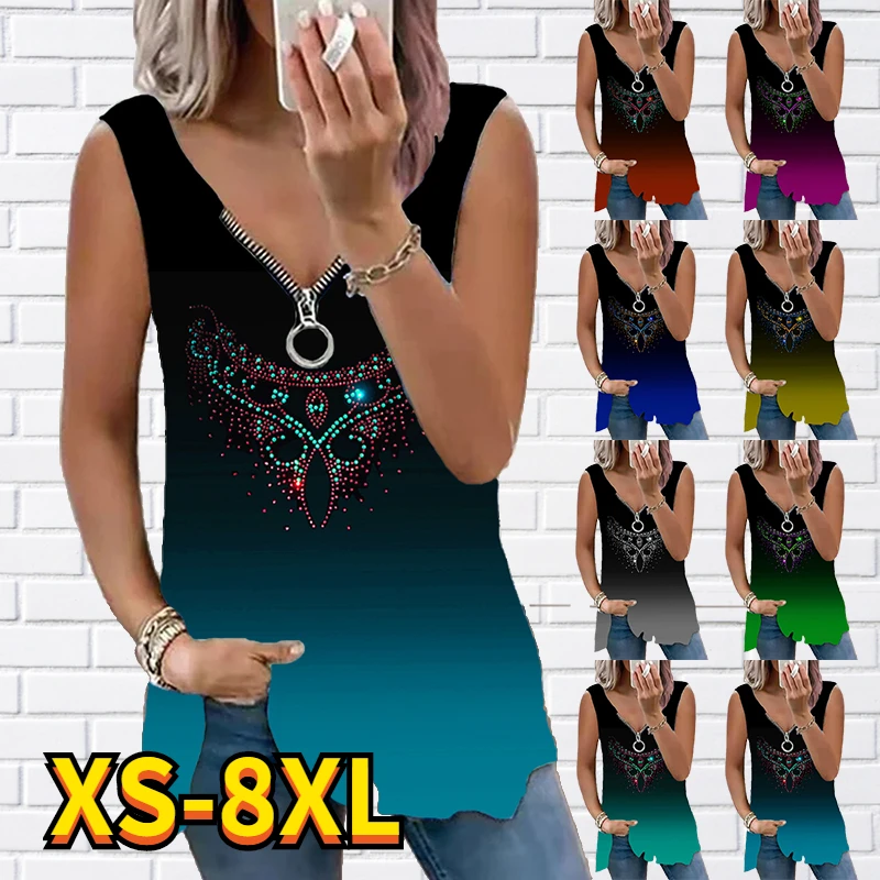 

2022 New Women's Tank Top Vest Tie Dye Flowing Tunic Quarter Zip Print V Neck Casual Streetwear Tops Blue Orange Red / 3D Print