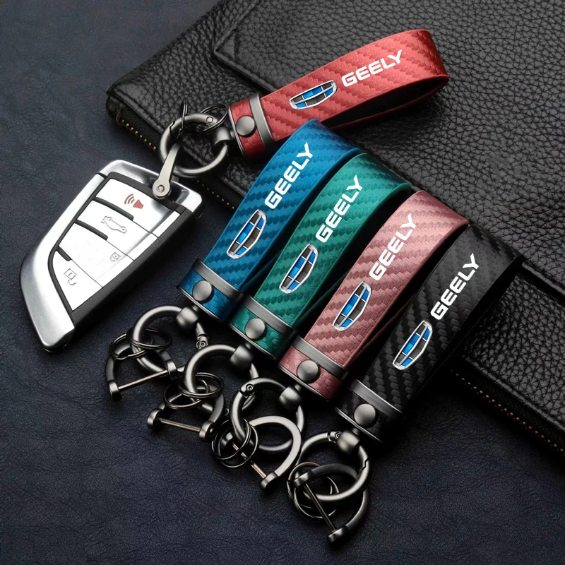 

Leather Carbon Fiber Pattern Car Keychain Car Logo Custom Keyring For GEELY Atlas Coolray MK Cross Emgrand GS GL Car Accessories