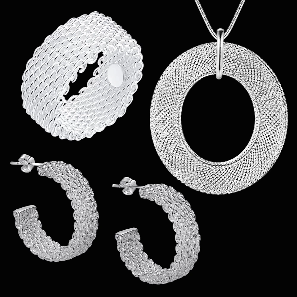 

Hot 925 sterling Silver Fine Vintage weave Mesh Pendant necklace earrings stud rings for woman Fashion Party gifts Jewelry sets