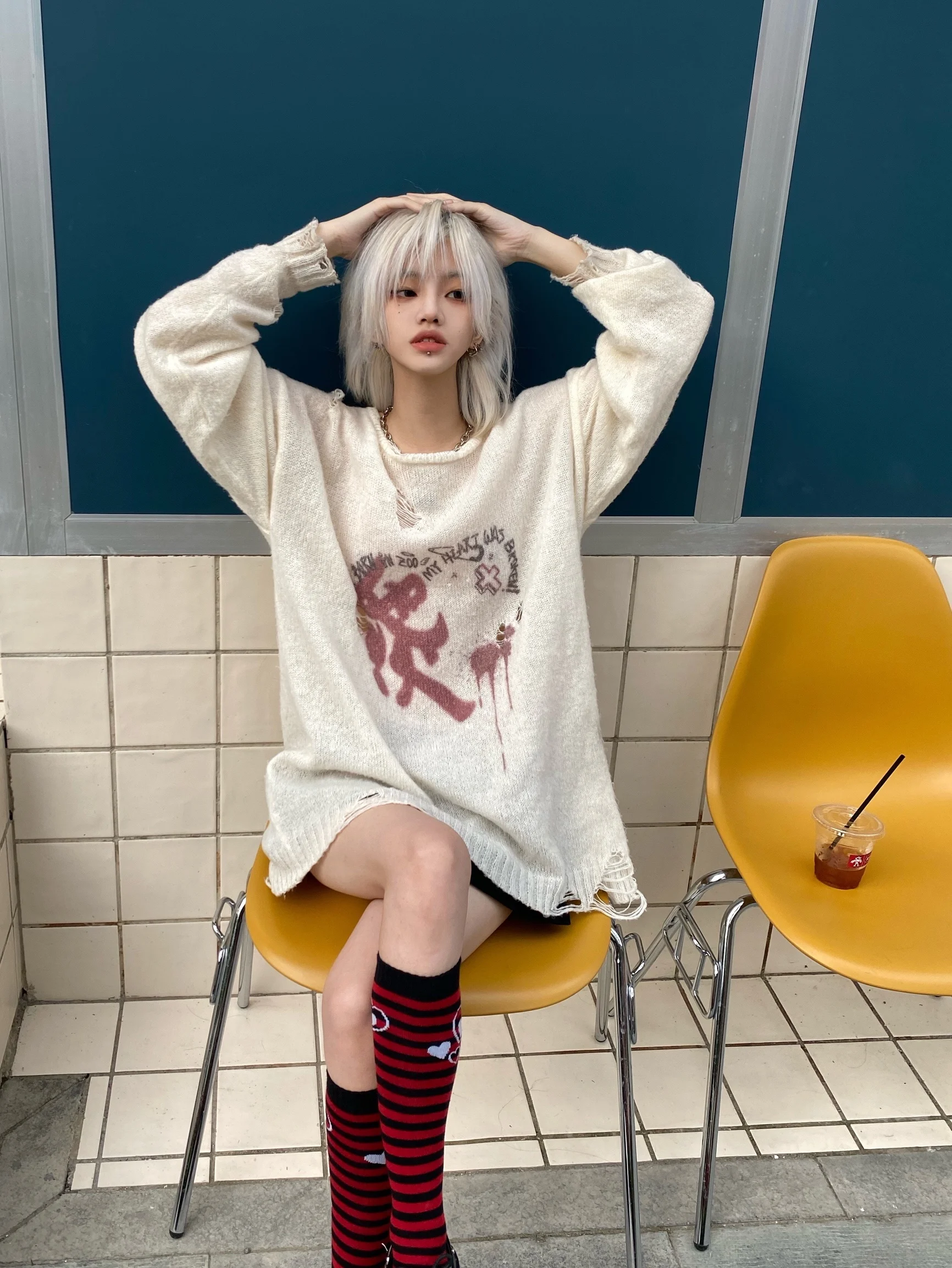 Ruibbit Harajuku Готическая вышивка с длинными рукавами в стиле панк круглым вырезом
