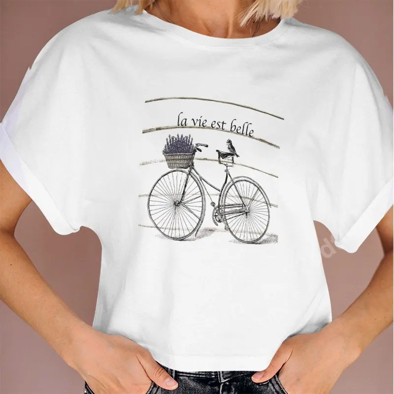 

Retro Lavender Bicycle T-Shirts Summer Women Clothes Short Sleeve Fashion Lady Tees Oversized Tshirt Casual Vintage Harajuku Top