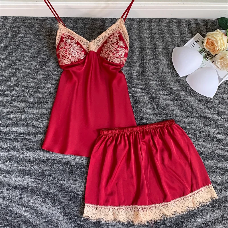 

Summer Female Suspender Pajamas Set Sleepwear Patchwork Lace Strap Top&shorts Loungewear Casual Thin Satin Home Wear Lingerie