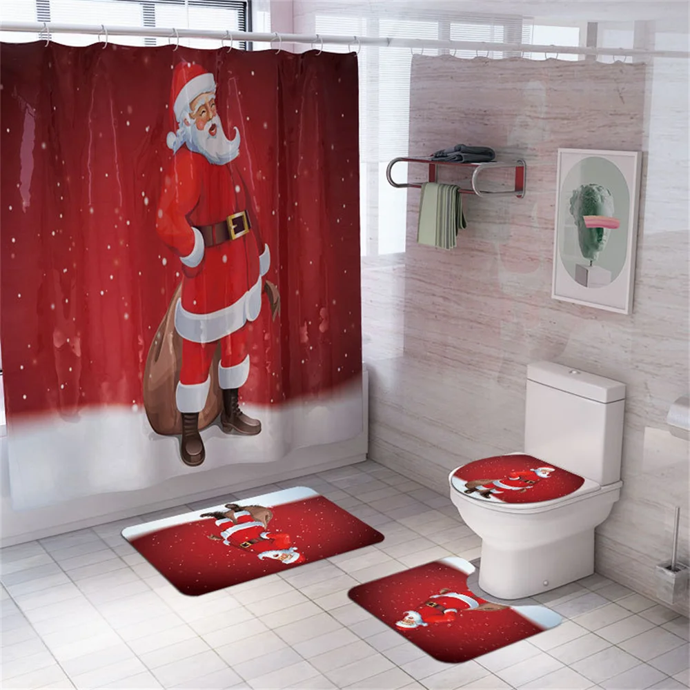 Shower Element Non-slip Mat Set Toilet Cover Non-slip Toilet Curtain 2022 New Christmas Shower Curtain Floor Mats